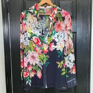 GUESS? Tropical Floral Double Pocket Transparent Button Up w/ embellished collar